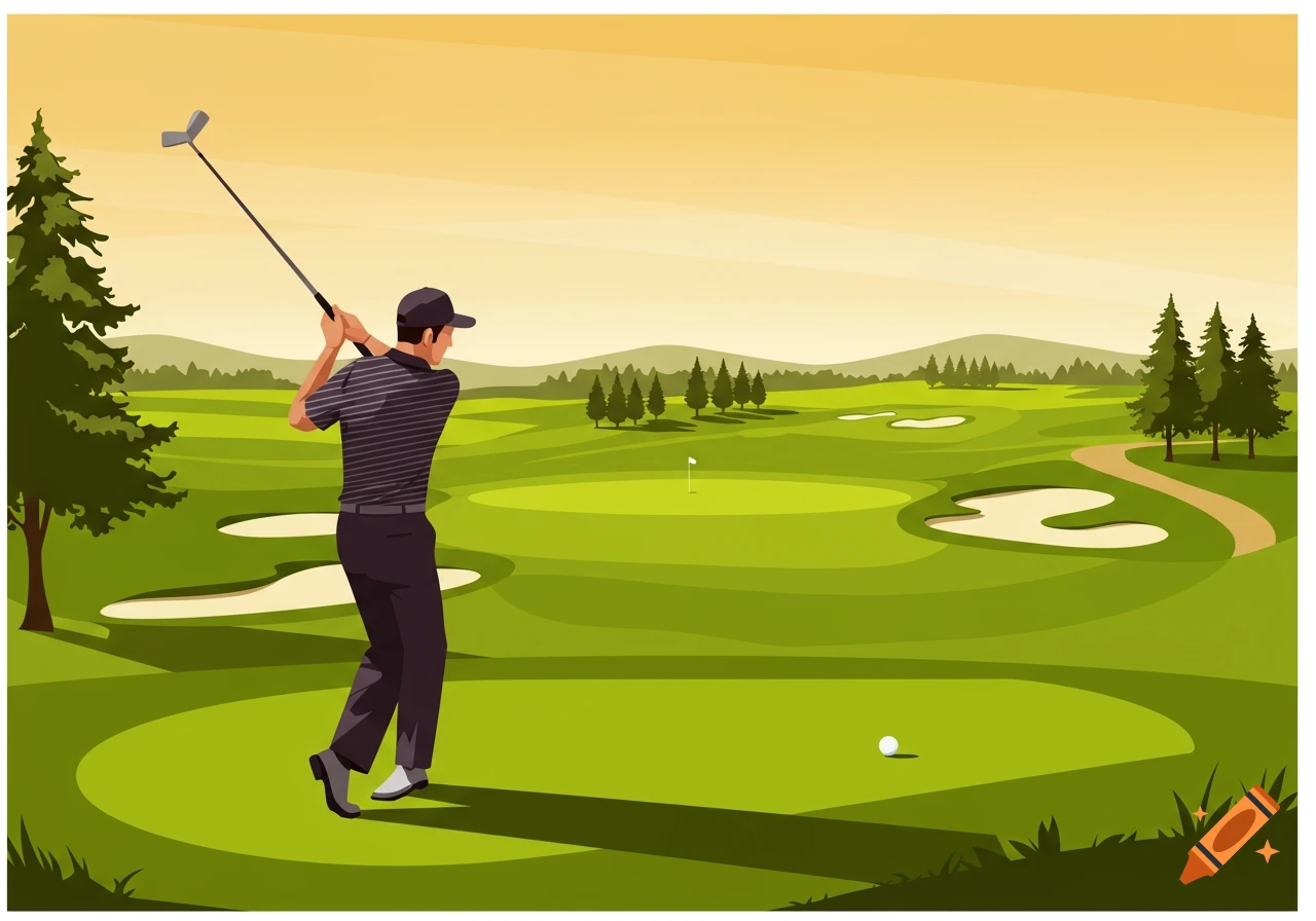 A vector illustration of a man hitting a golf ball on a lush green golf course.