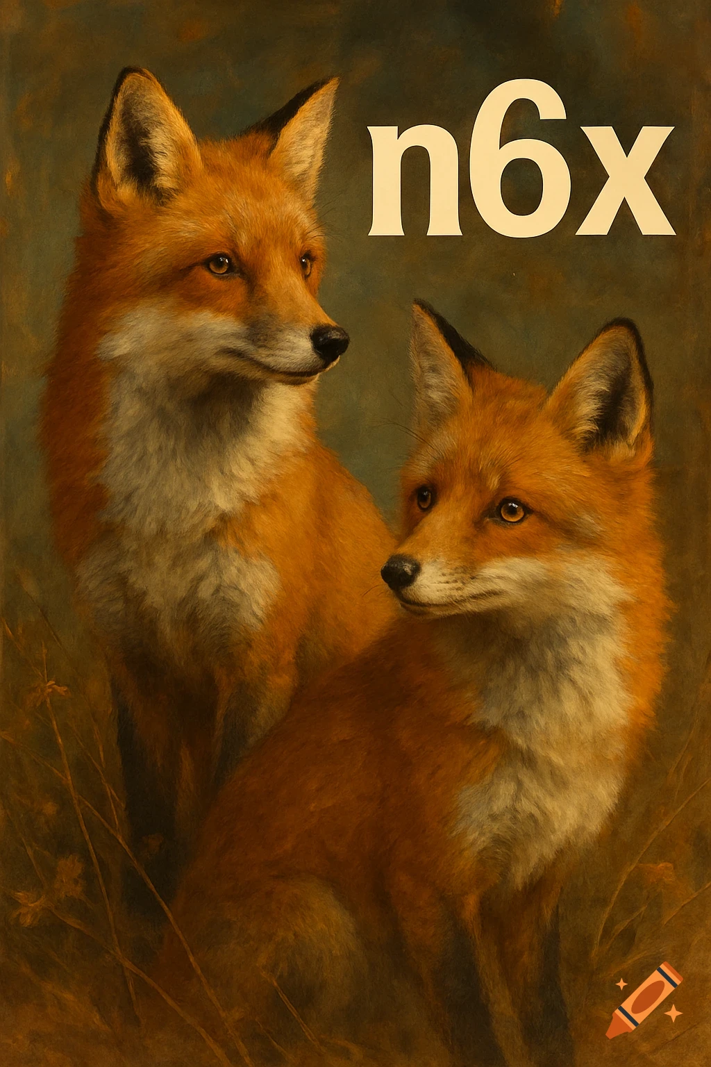 Two red foxes in an oil painting, one standing behind another, with 'n6x' text in the upper right corner.