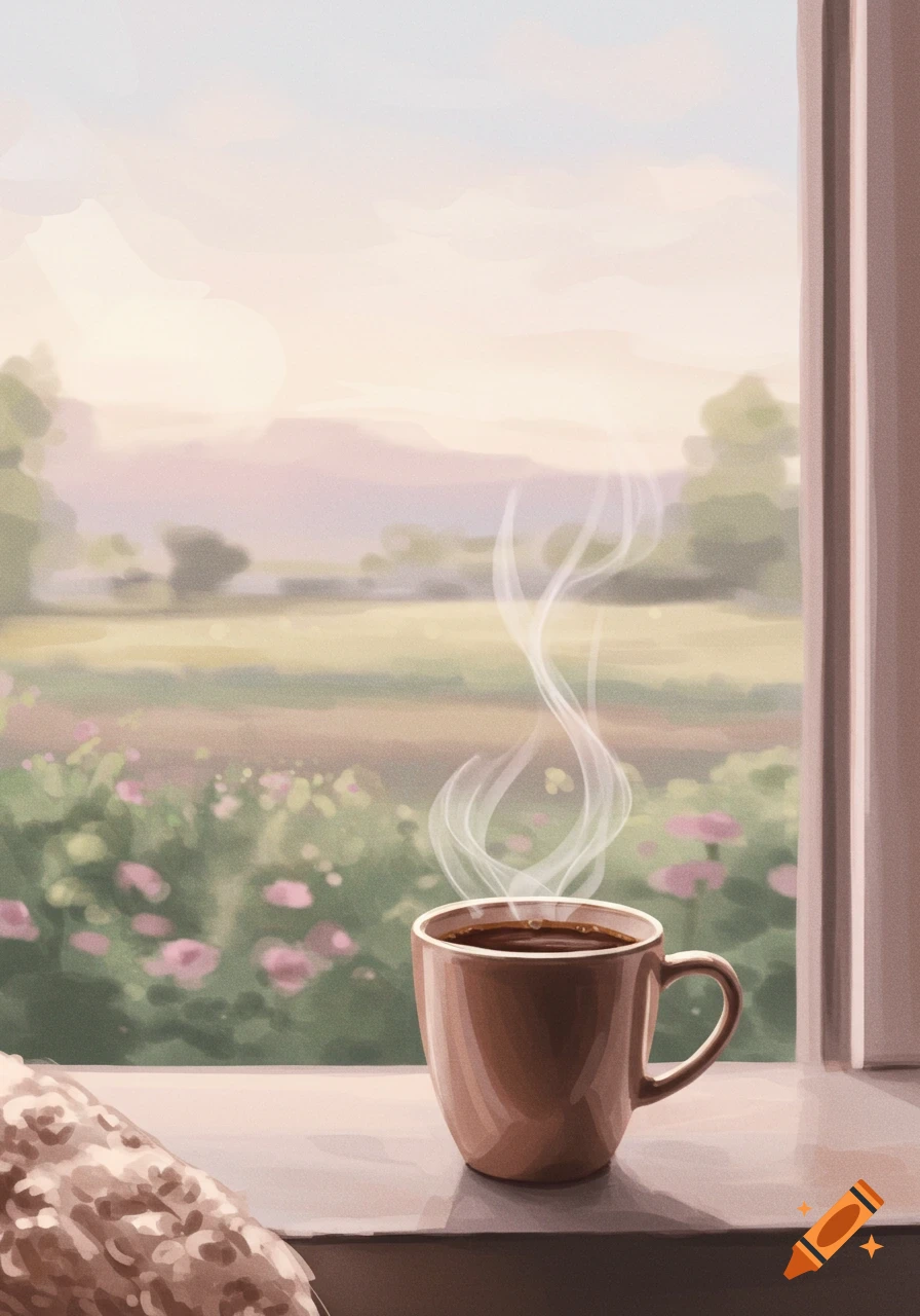 A steaming cup of coffee on a window sill overlooks a serene, soft-hued landscape with fields and distant hills.