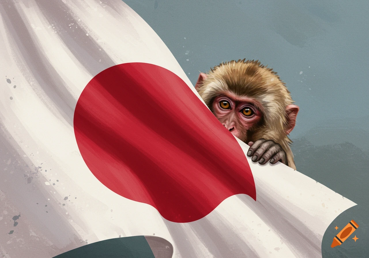 A Japanese snow monkey peeks from behind a waving Japanese flag in an illustrated style.