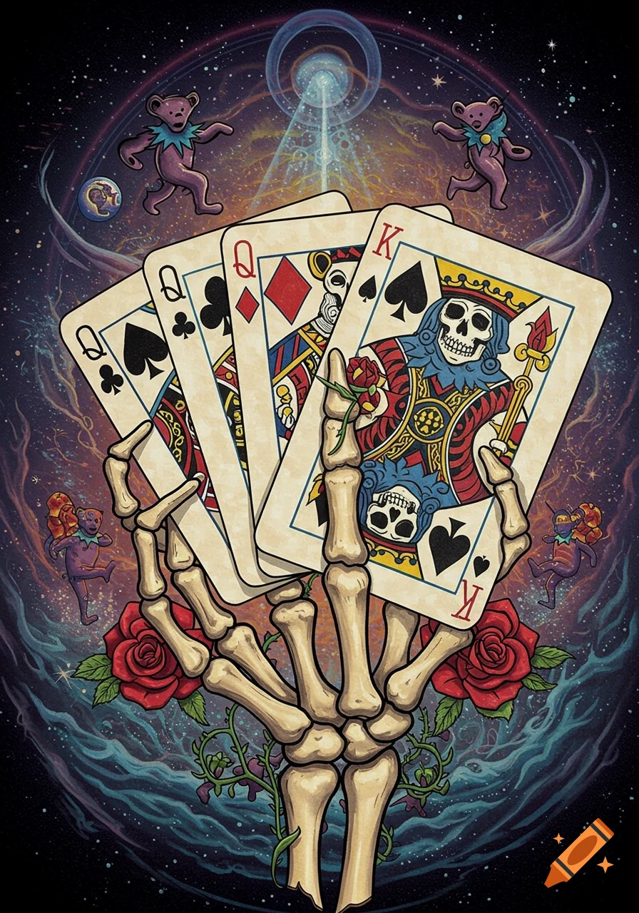 A colorful, psychedelic illustration of a skeleton hand holding a poker hand of four queen cards and one king card, with dancing bears and space in the background.