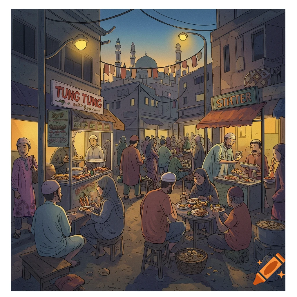 A vibrant street market at dusk, with people gathered around food stalls and eating at tables. A mosque is visible in the background.