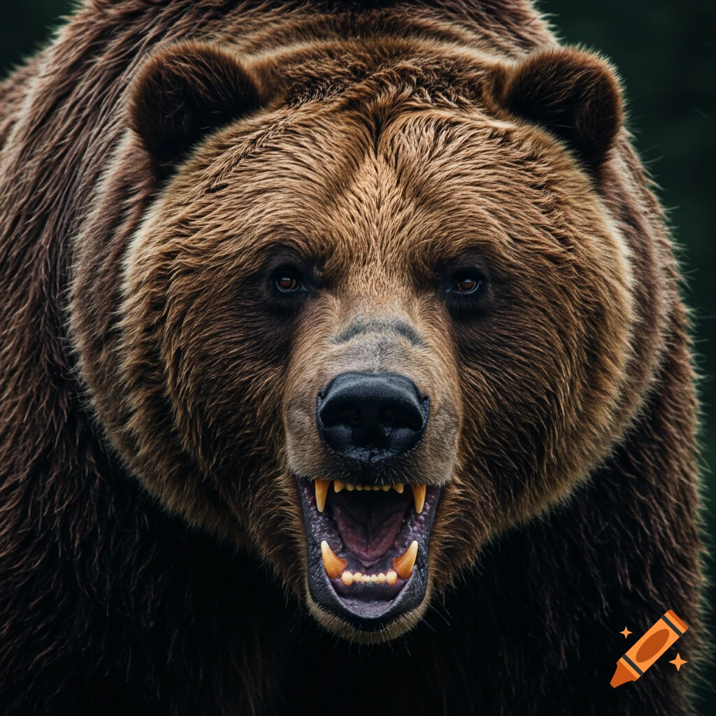 Close-up photorealistic portrait of a brown grizzly bear roaring, showing its teeth and intense eyes.