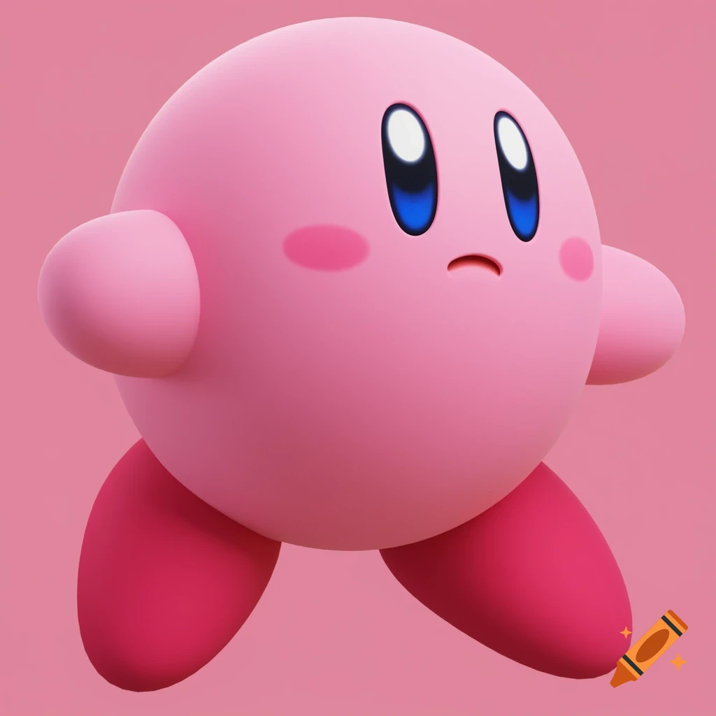 A 3D render of Kirby with a sad expression on a pink background.
