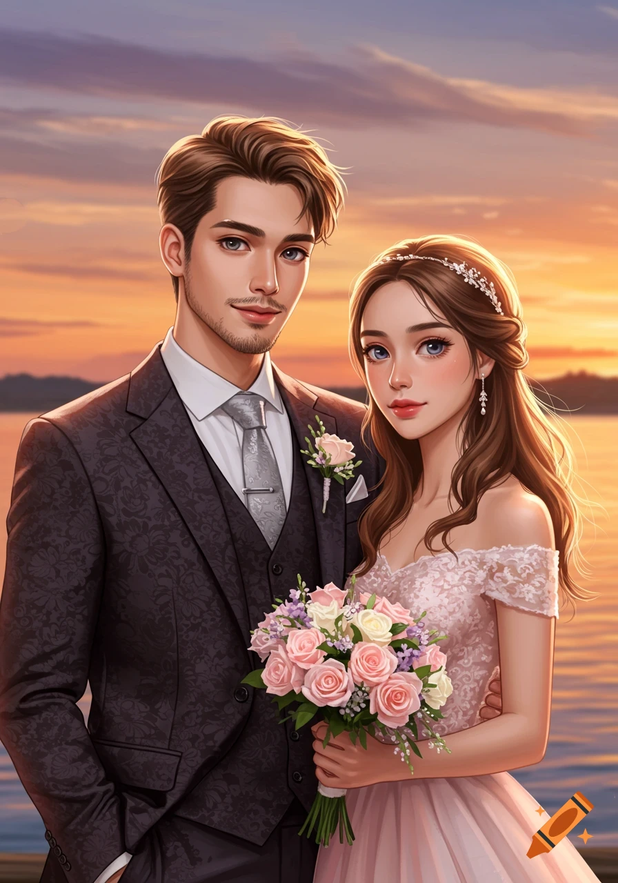 An anime-style portrait of a bride and groom standing by a lake at sunset. The groom wears a dark suit, and the bride wears a pink off-shoulder dress.