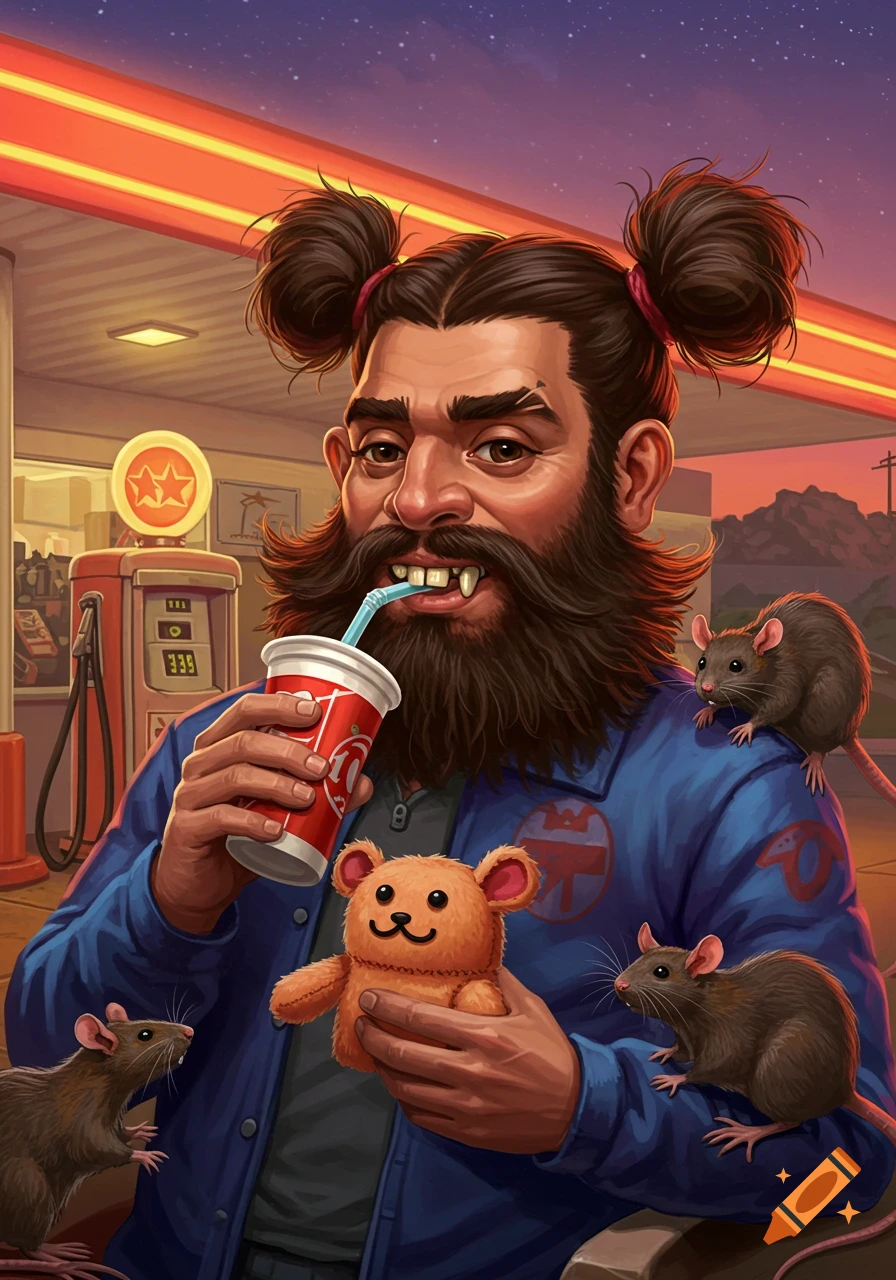 A stylized man with a beard and two hair buns drinks from a soda cup while holding a plushie, surrounded by rats at a gas station.