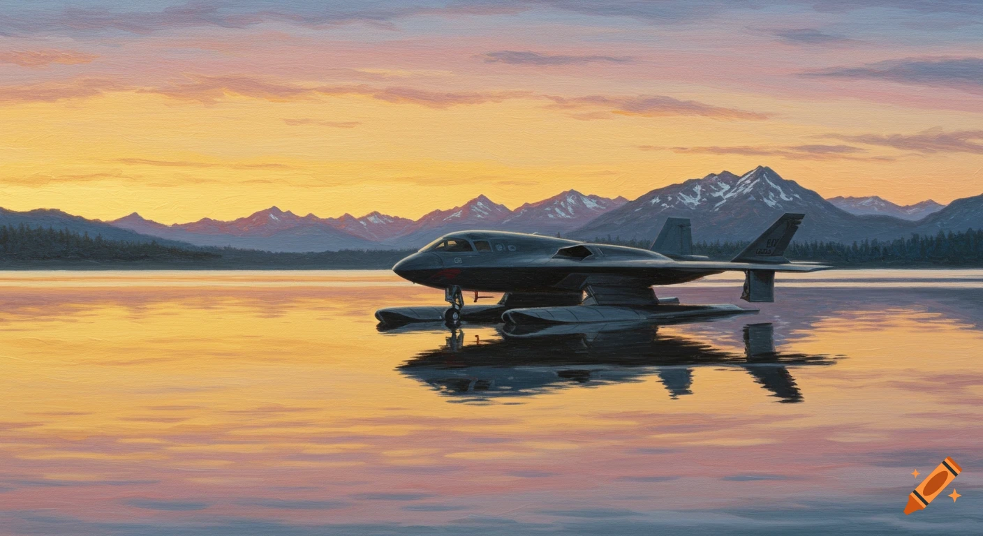 Impressionist painting of a B-21 Raider seaplane on a calm lake, reflecting the golden hour sky and distant mountains.