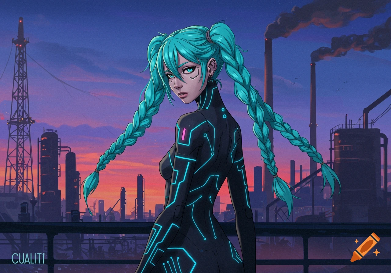 An anime-style woman with teal braided pigtails and a black cyberpunk suit with glowing blue lines stands against an industrial sunset cityscape.