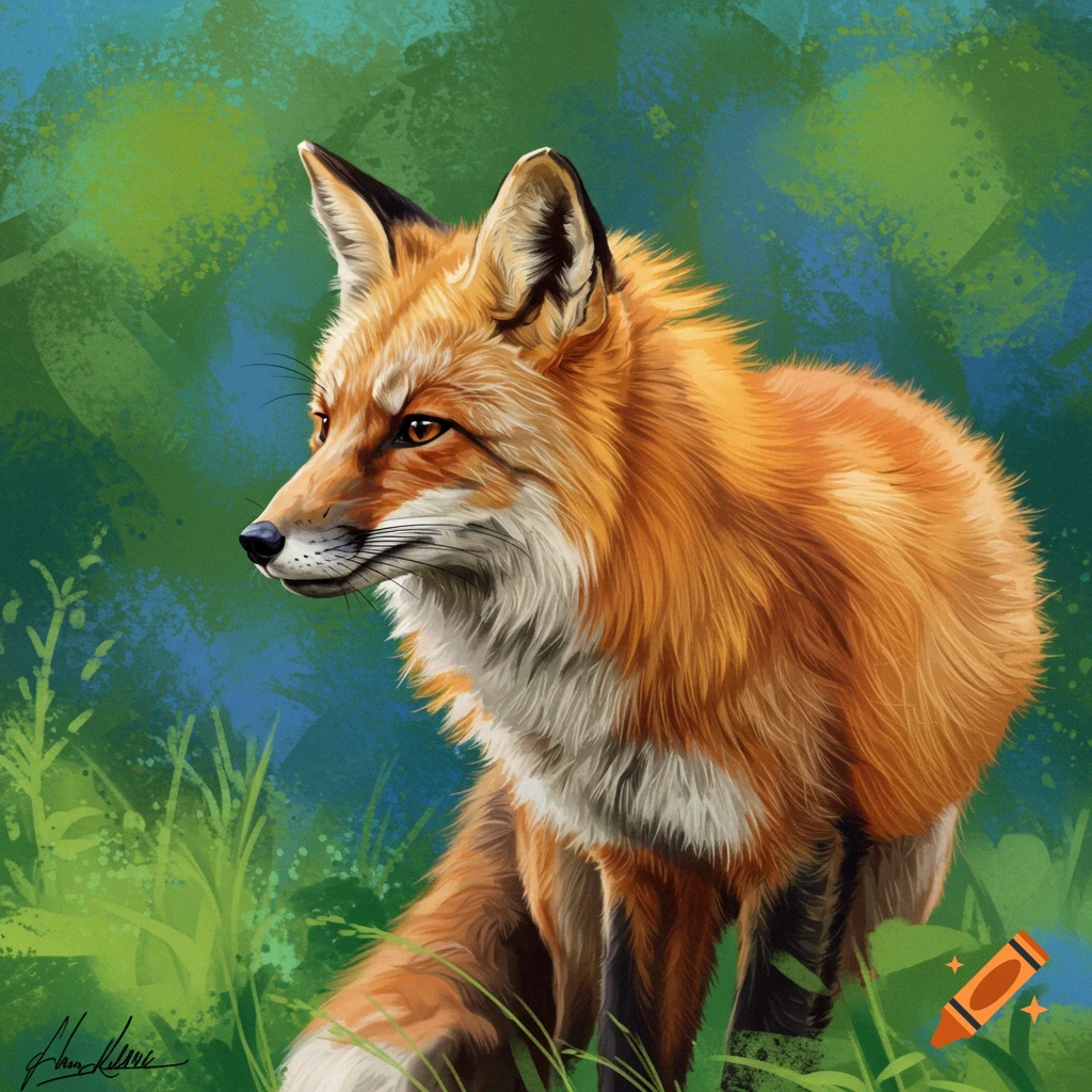 A vibrant digital painting of a red fox with detailed orange fur and white chest markings, looking left in a green and blue forest.