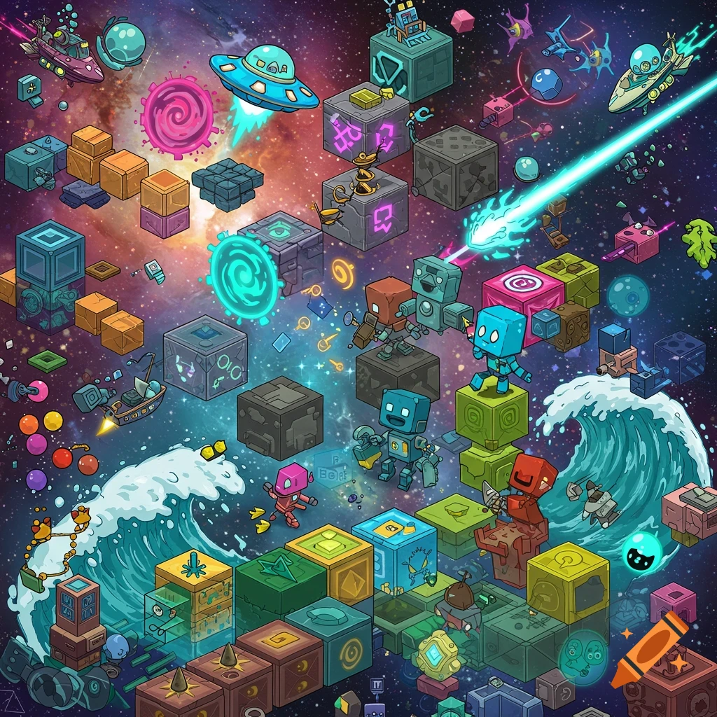 An isometric cartoon illustration filled with blocky characters, spaceships, waves, and abstract shapes, set against a vibrant starry galaxy background, inspired by Geometry Dash.