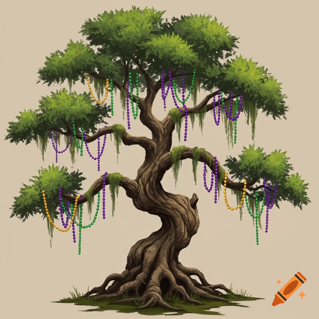 An illustration of a gnarled oak tree decorated with green, purple, and gold Mardi Gras beads.