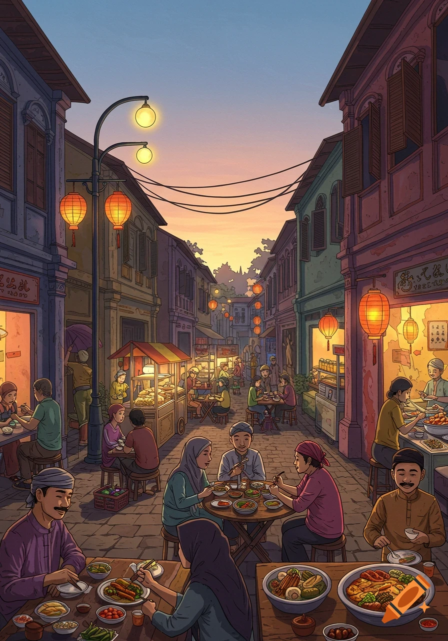 A vibrant cartoon illustration of a bustling street food market at dusk, with people dining at tables and food stalls lining the street.