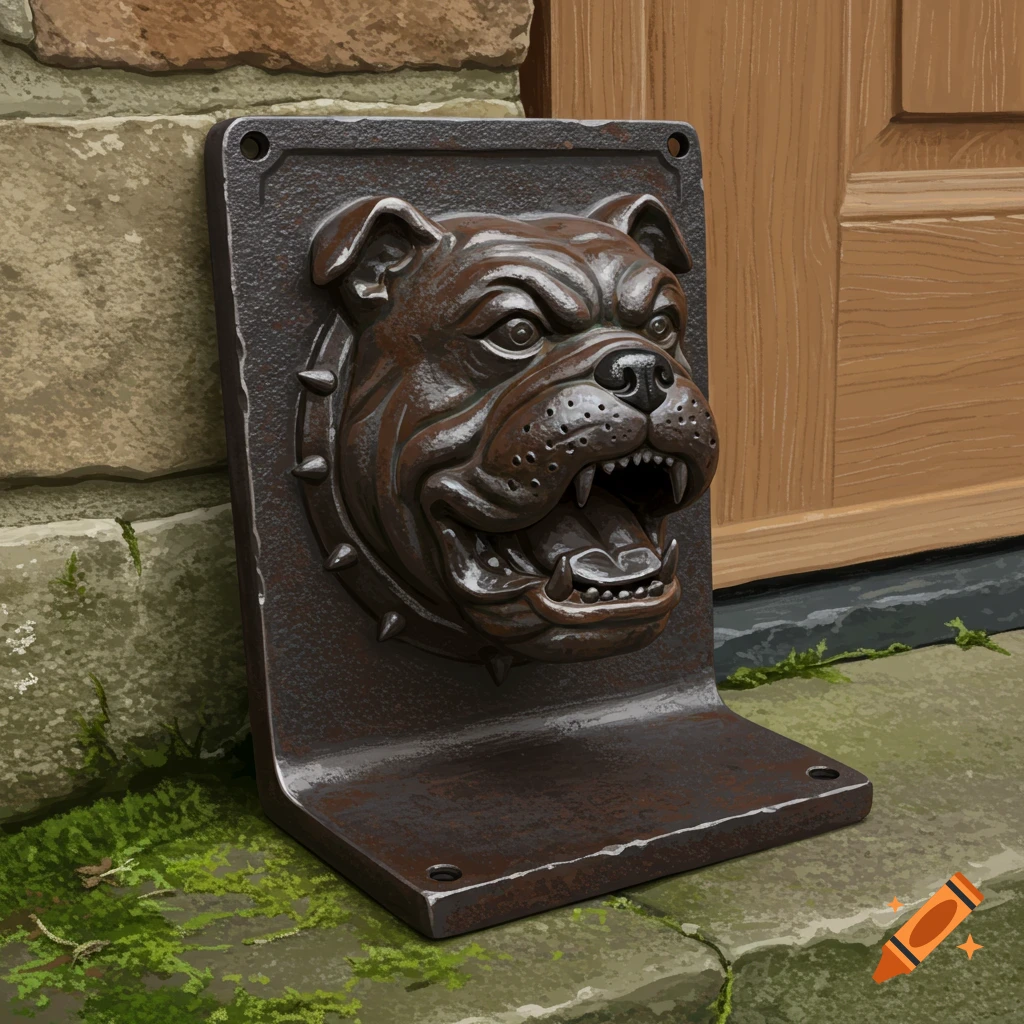 A detailed bronze bulldog head sculpture, designed as a boot scraper, rests against a textured stone wall next to a wooden door.