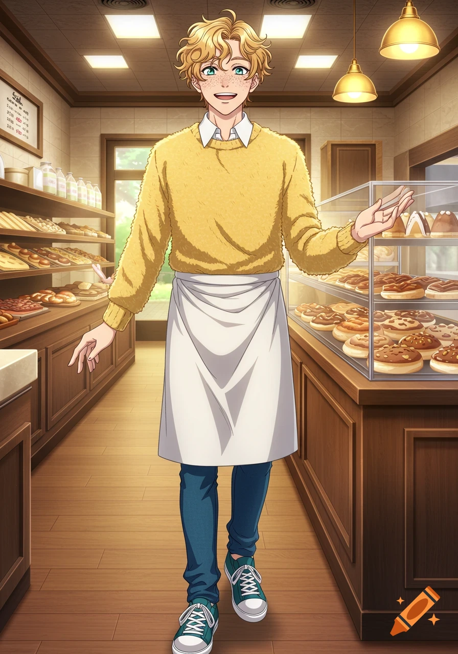 Anime male baker with blonde wavy hair, freckles, and a bright smile stands in a bakery.
