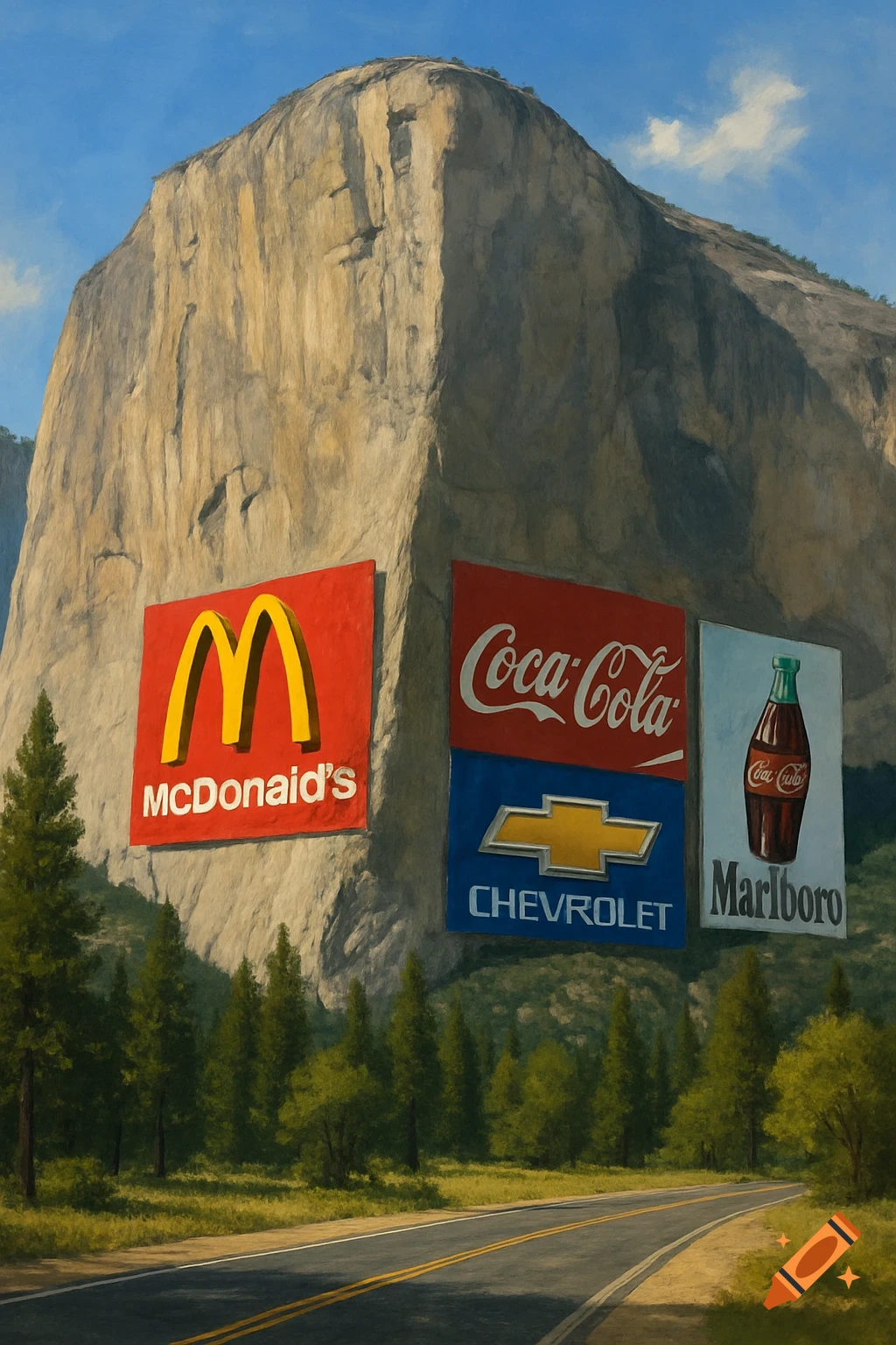 A large painting of El Capitan in Yosemite, with huge billboards for McDonald's, Coca-Cola, Chevrolet, and Marlboro plastered on its side, and a road leading towards it.