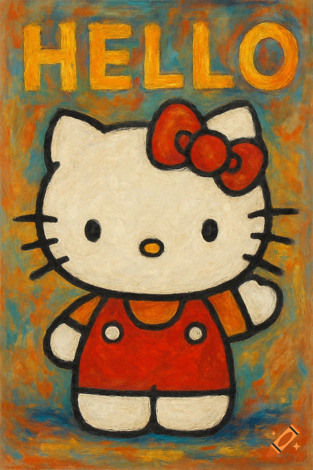 Hello Kitty waving with the word HELLO above her, in a textured, painterly style.