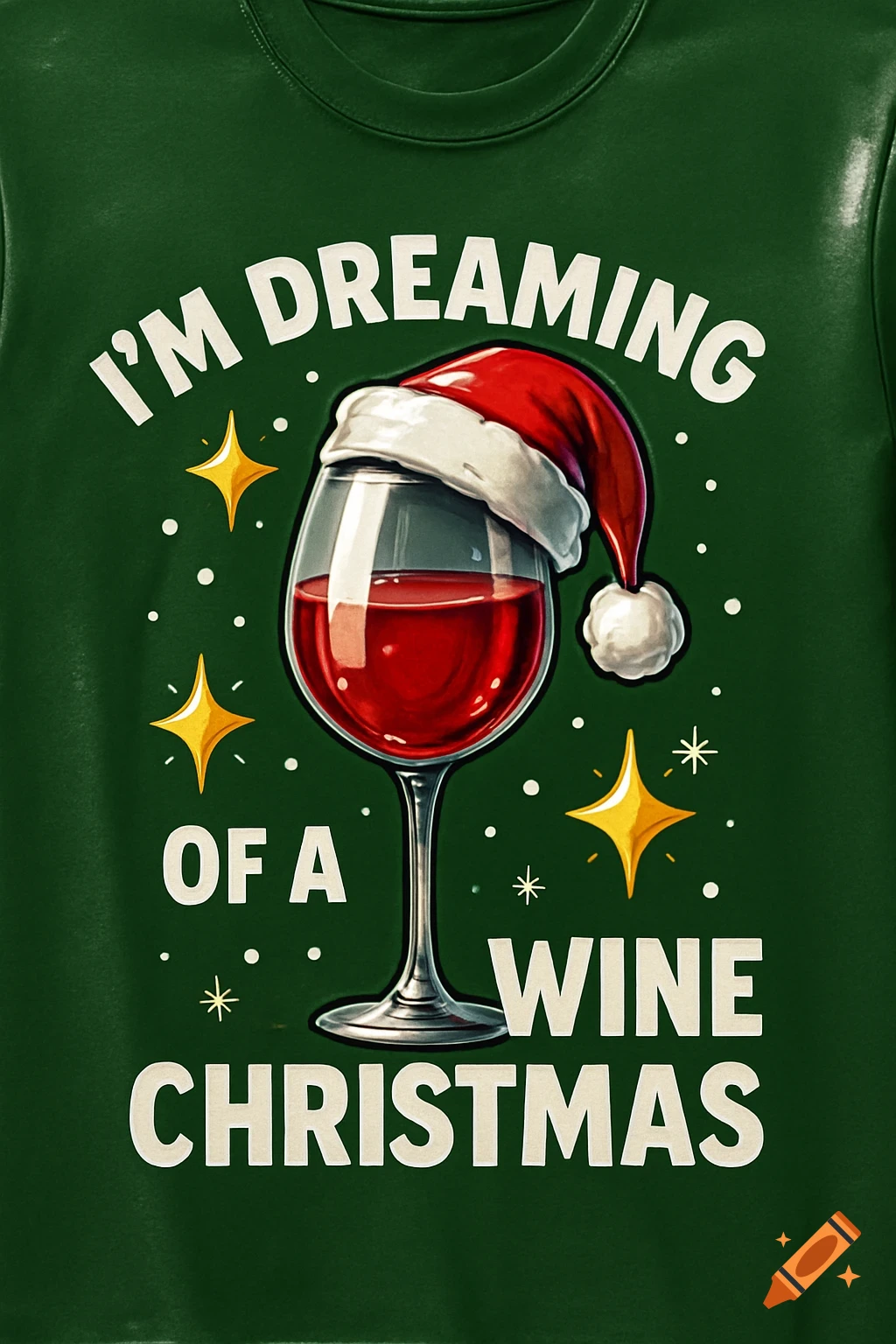 Green Christmas shirt with a wine glass wearing a Santa hat, stars, snowflakes, and 'I'M DREAMING OF A WINE CHRISTMAS' text.