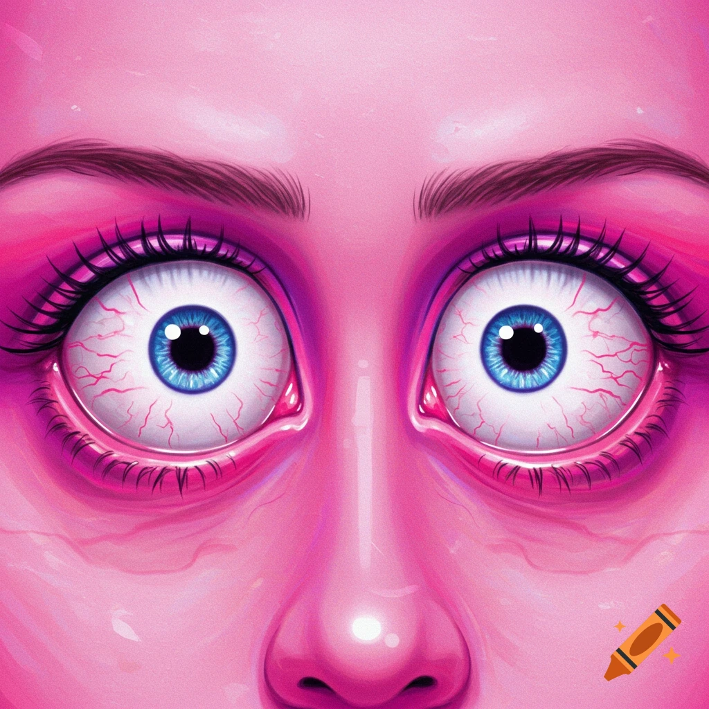 Close-up of wide-open, bloodshot human eyes with blue irises against pink skin. Stylized illustration.
