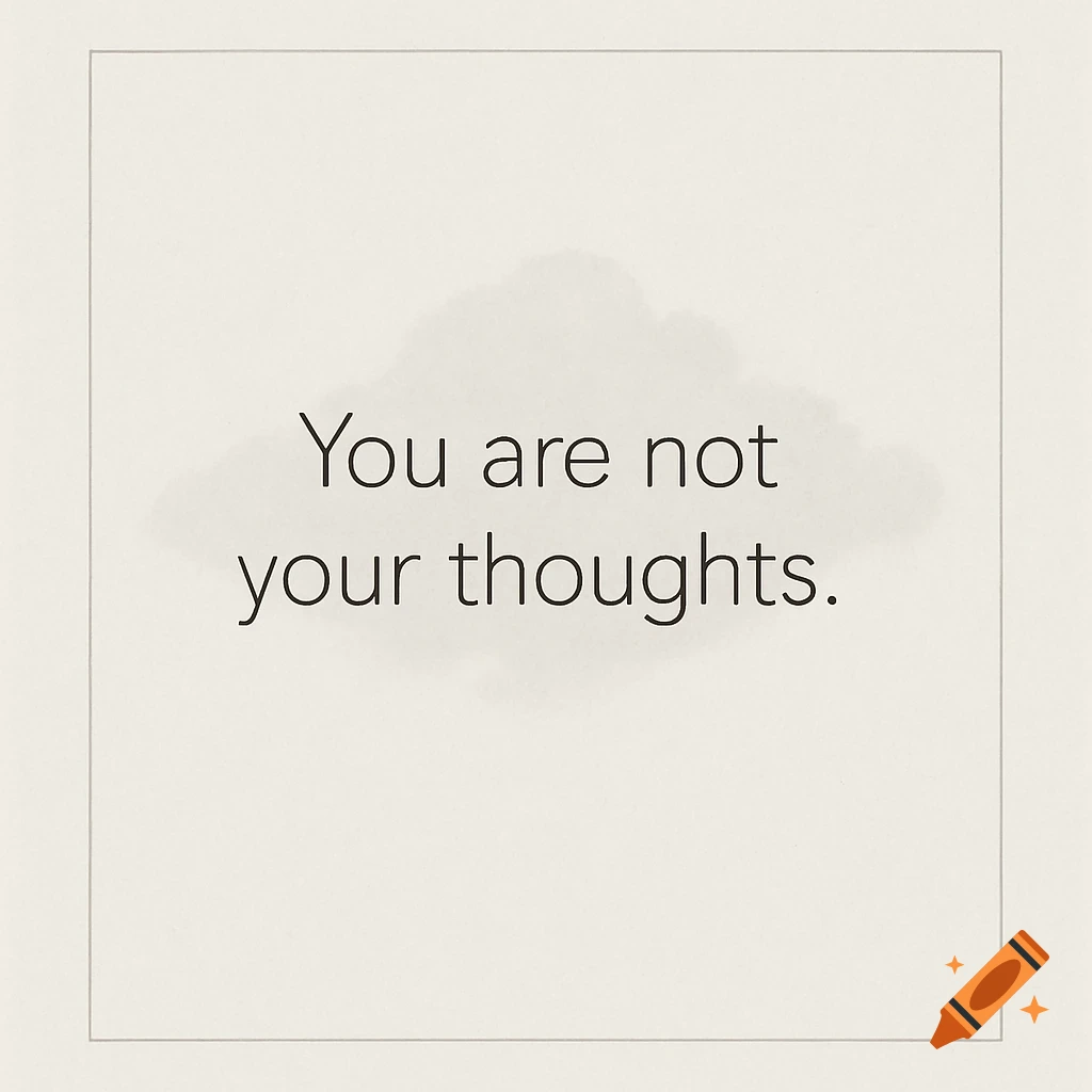 Minimalist design with the quote 'You are not your thoughts' in black font on a pale background with a faint cloud.