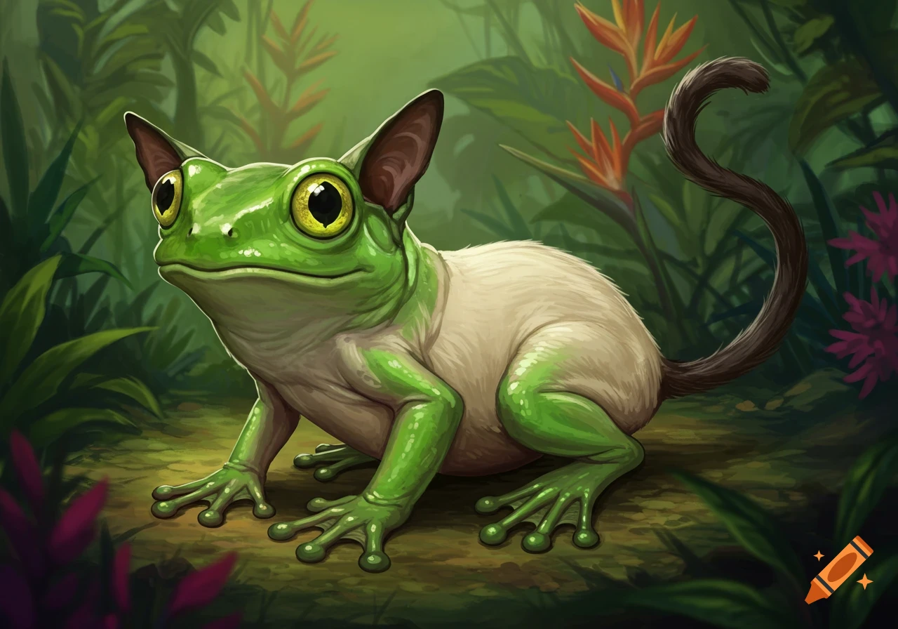 A vibrant illustration of a green frog-cat hybrid with a furry torso and tail, sitting in a lush jungle.