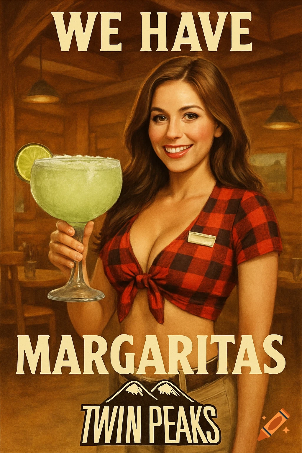 A smiling woman in a red plaid crop top holds a large margarita glass, standing in a rustic bar with text "WE HAVE MARGARITAS TWIN PEAKS".