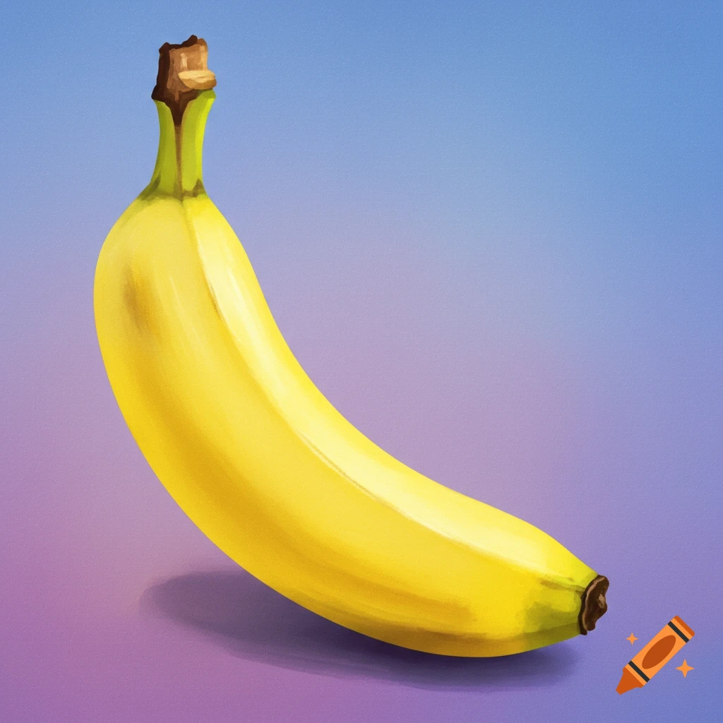 An illustrative drawing of a single yellow banana against a blue and purple gradient background.