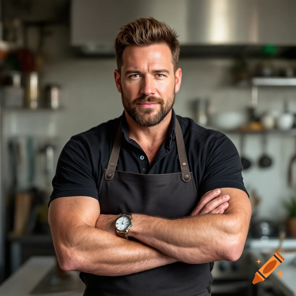 A man with a beard and light brown hair stands with his arms crossed in a kitchen, wearing a black polo and a dark apron. Photorealistic.