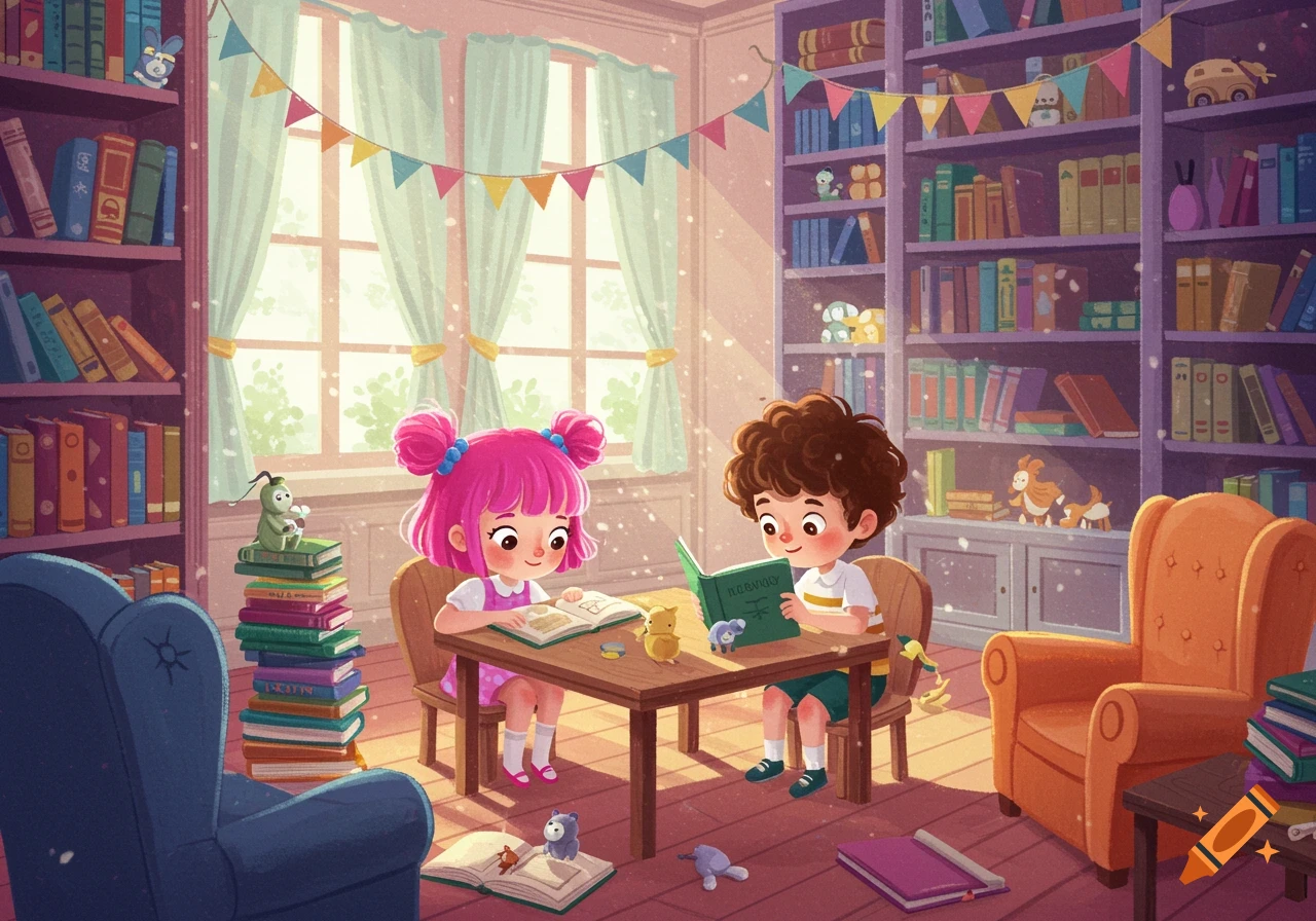 Two cartoon children reading books at a table in a colorful, cozy library with bookshelves.