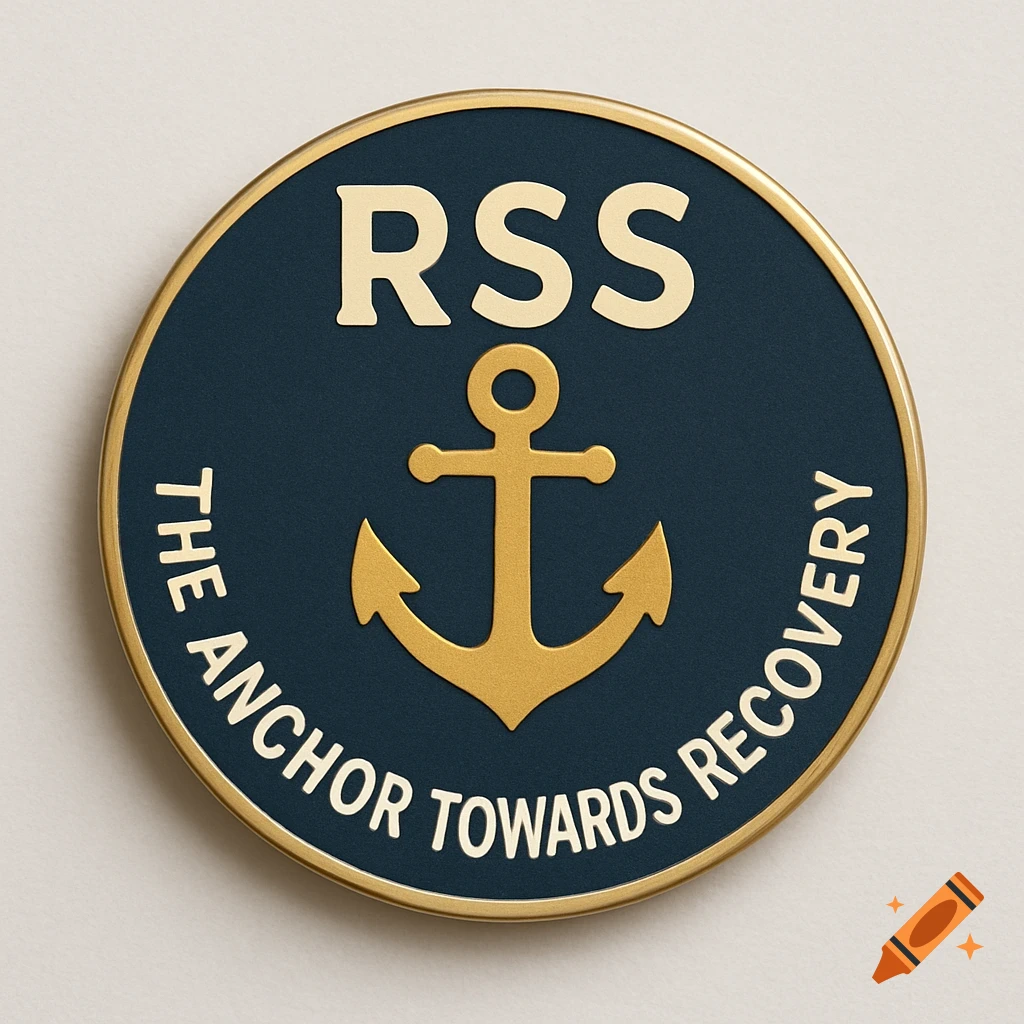 A circular gold and navy blue pin with a gold anchor, the text "RSS" at the top, and "THE ANCHOR TOWARDS RECOVERY" curved along the bottom edge.