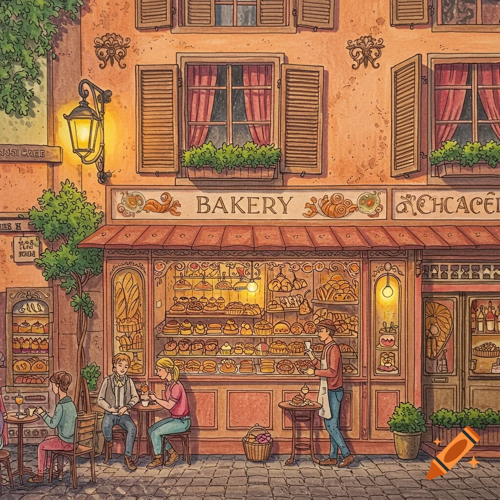 Colouring book style illustration of a charming bakery in Europe, with people sitting outside and a detailed storefront.