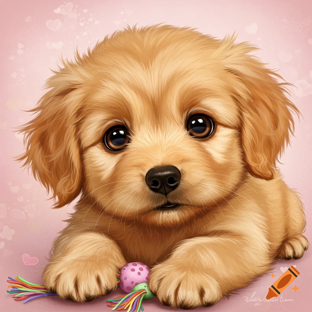 An adorable golden retriever puppy illustration with big eyes, lying down with a toy on a pink background decorated with hearts.