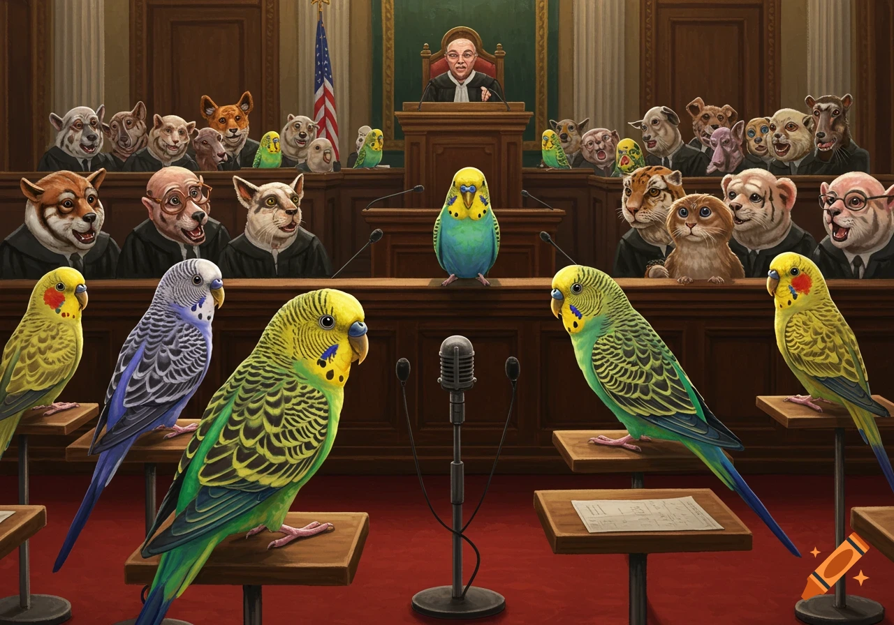 Anthropomorphic animals in robes act as judges and jury in a courtroom, observing parakeets on stands, one at the witness stand. Realistic painting style.