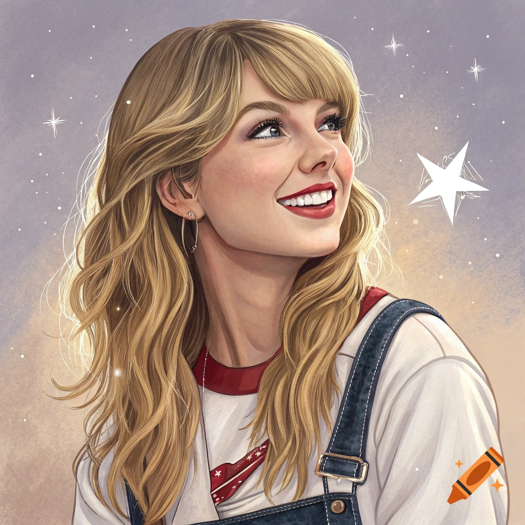 Stylized digital art portrait of Taylor Swift smiling and looking up, against a starry purple and orange background.