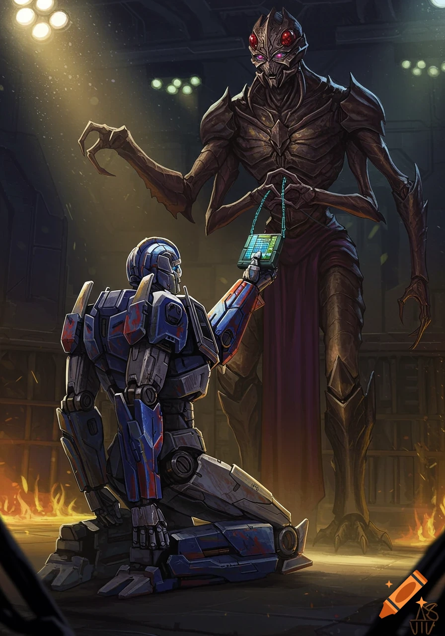 A blue and red robot kneels before a tall, dark alien creature in a dimly lit, fiery chamber, as the alien presents a small device.