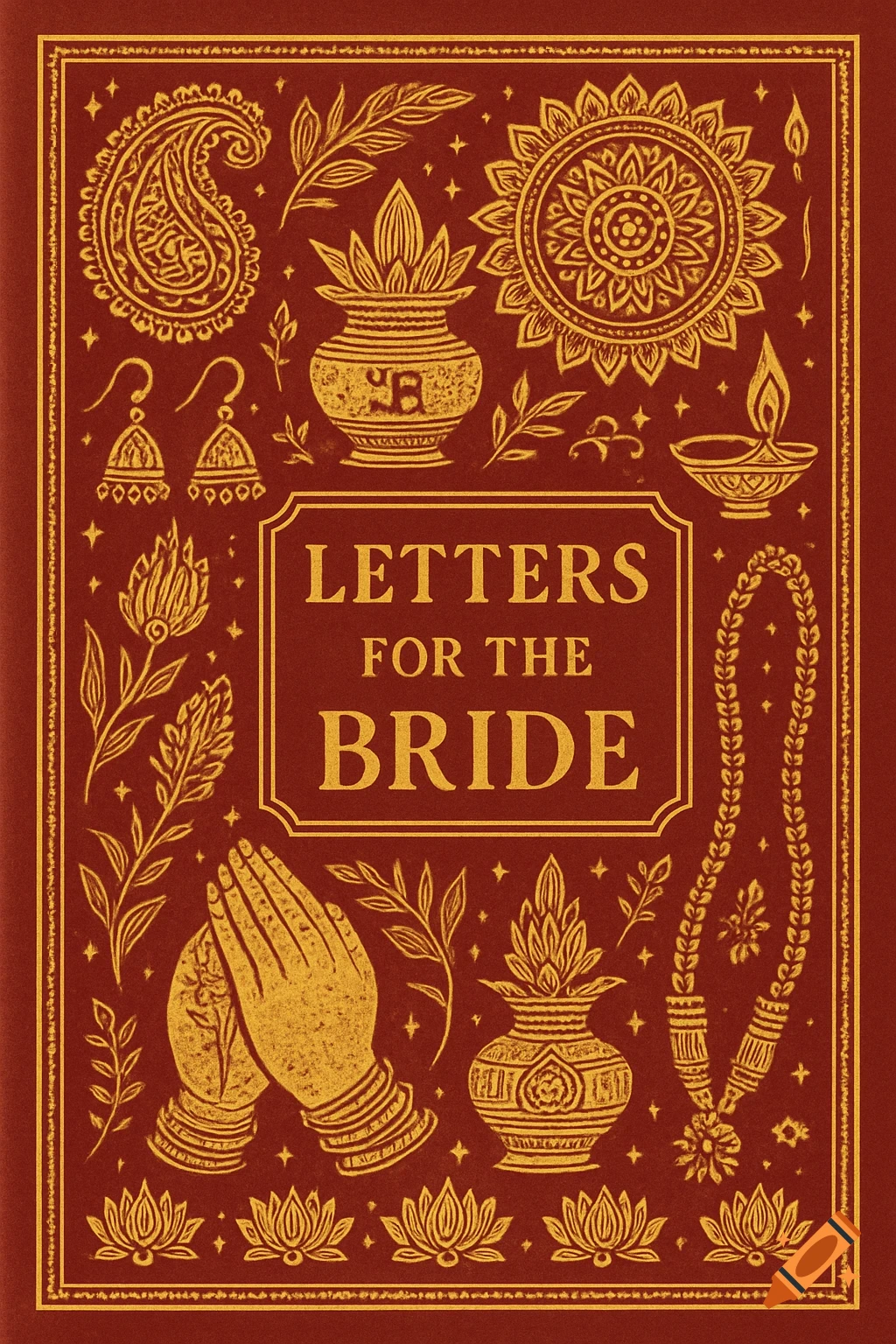 A red book cover with intricate gold illustrations of Hindu wedding symbols including hands in prayer, lotuses, earrings, and a Kalash pot, with the title 'Letters for the Bride' in the center.