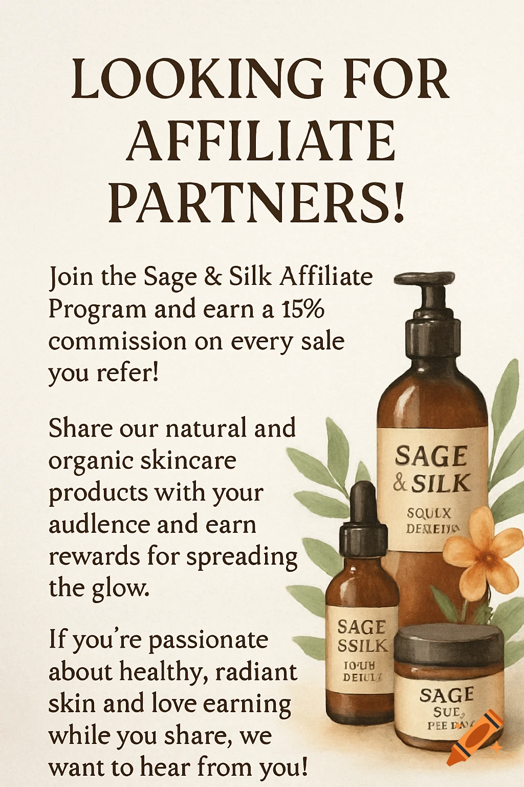 An advertisement with text "Looking For Affiliate Partners!" and details about an affiliate program, alongside watercolor illustrations of brown skincare bottles, green leaves, and an orange flower.