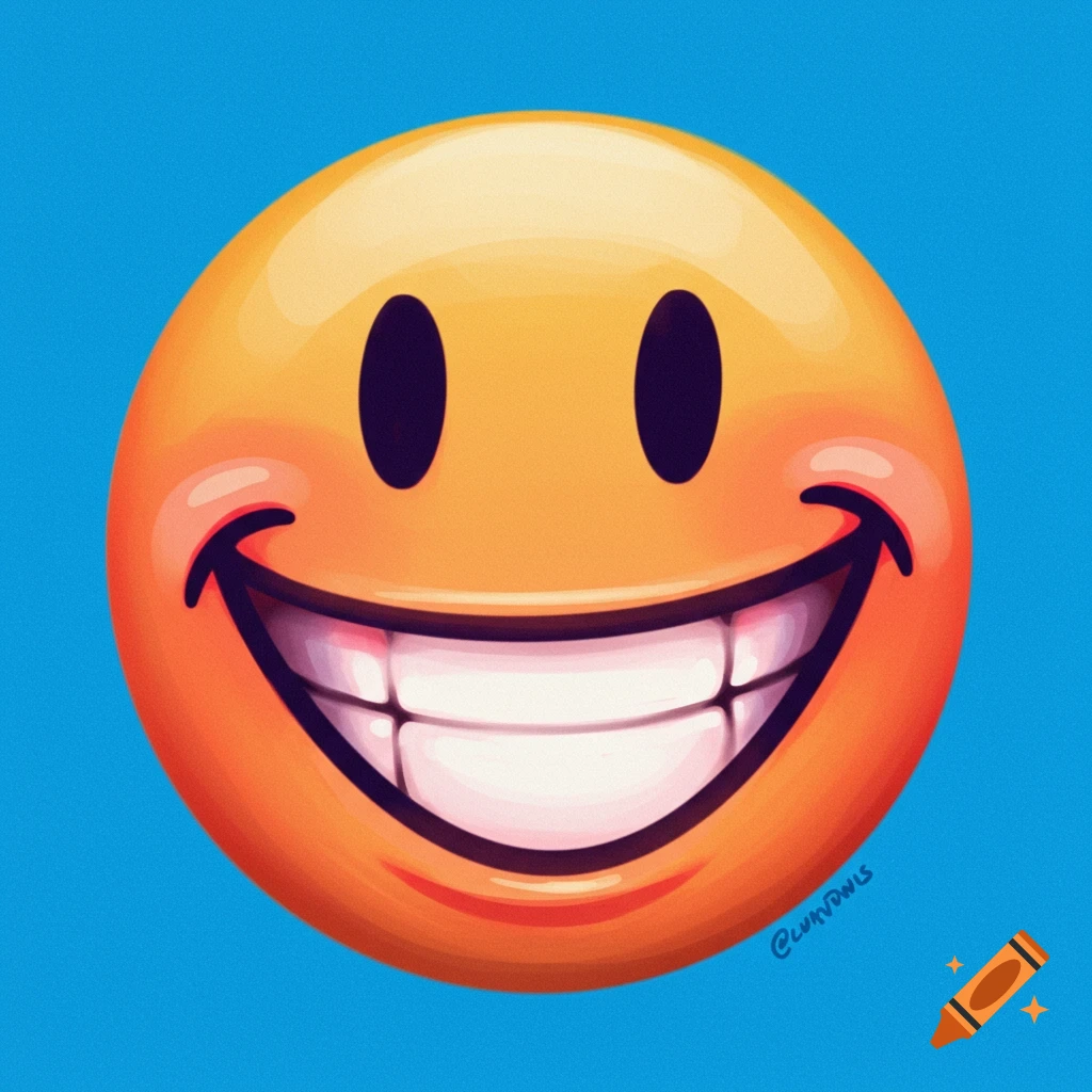 A bright yellow cartoon smiley face with a wide grin and large white teeth on a blue background.
