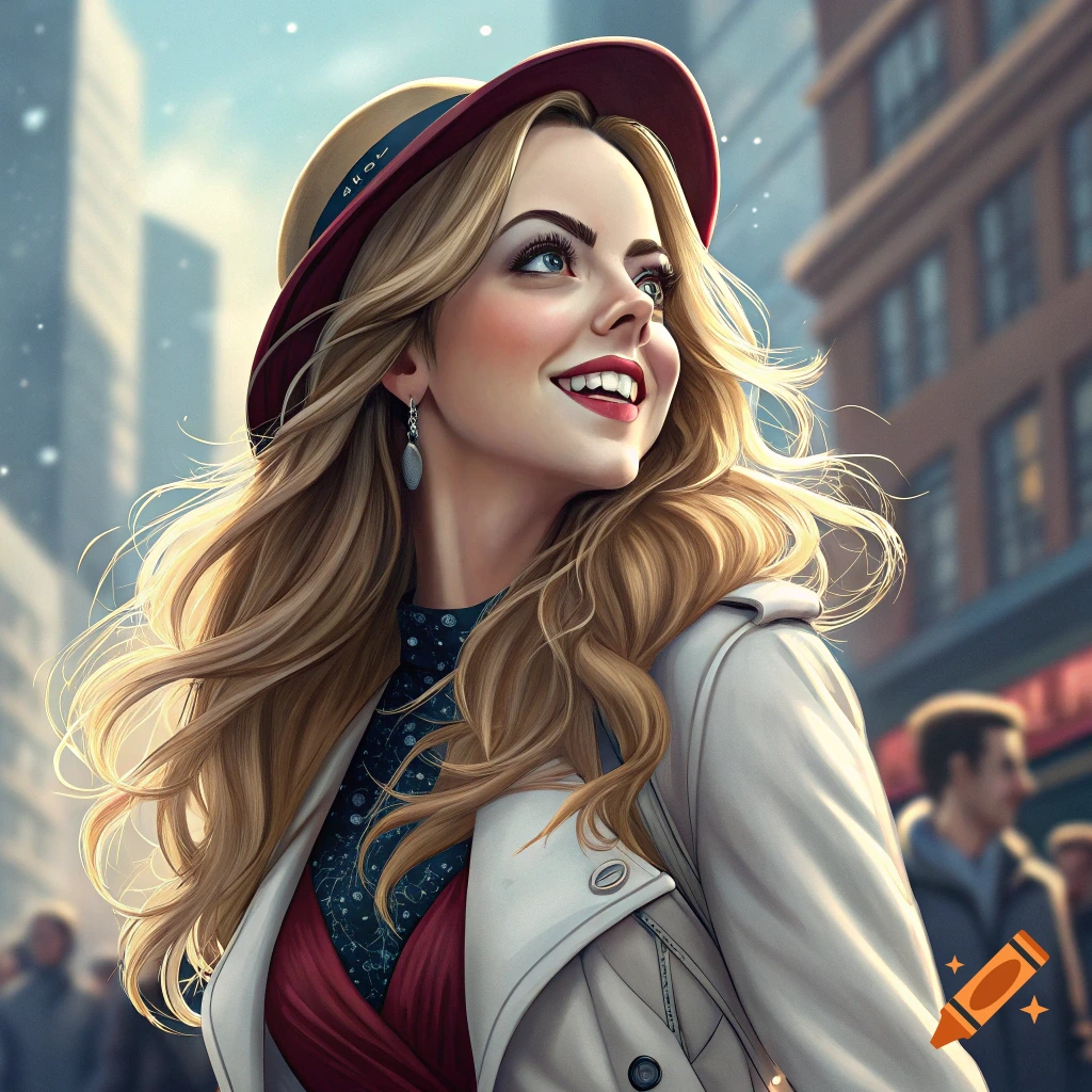 A smiling woman with long blonde hair and a hat looks up in a bustling city street, illuminated by warm light.