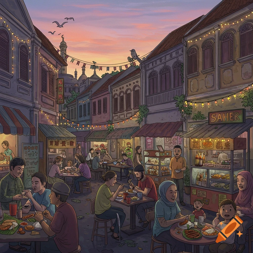 An illustrated street scene at dusk with people eating at various food stalls under string lights and a mosque in the background.