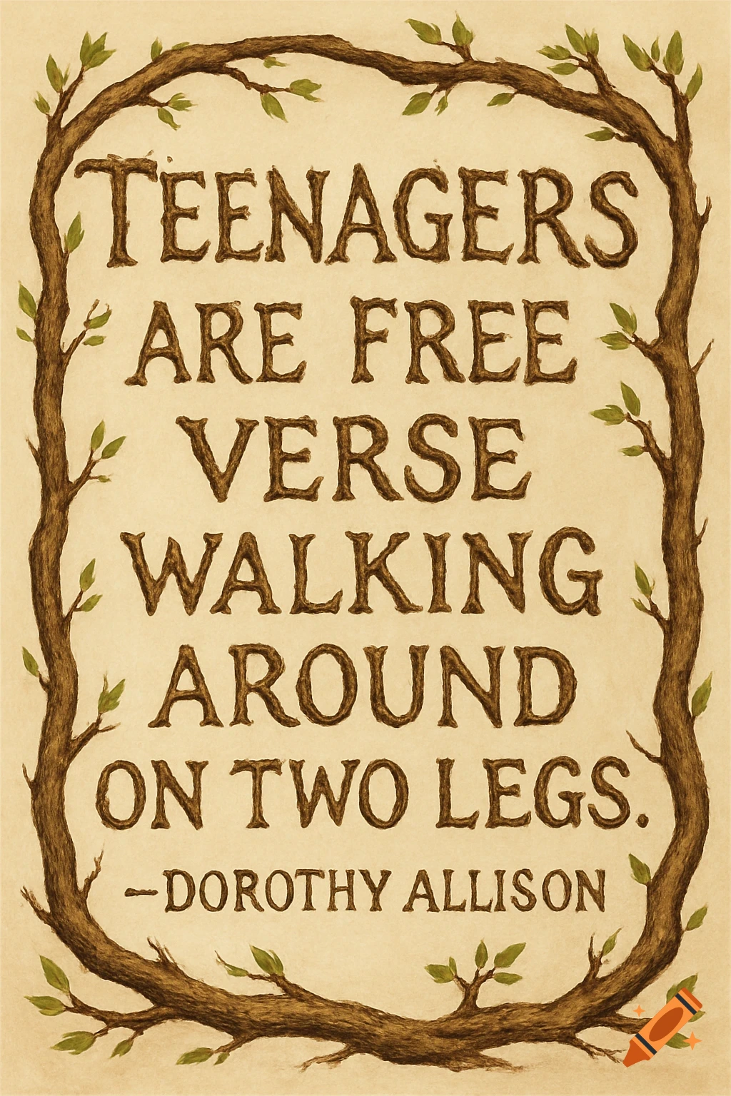 Quote 'Teenagers are free verse walking around on two legs. - Dorothy Allison' in brown tree branch lettering, framed by tree branches and leaves on a light background.