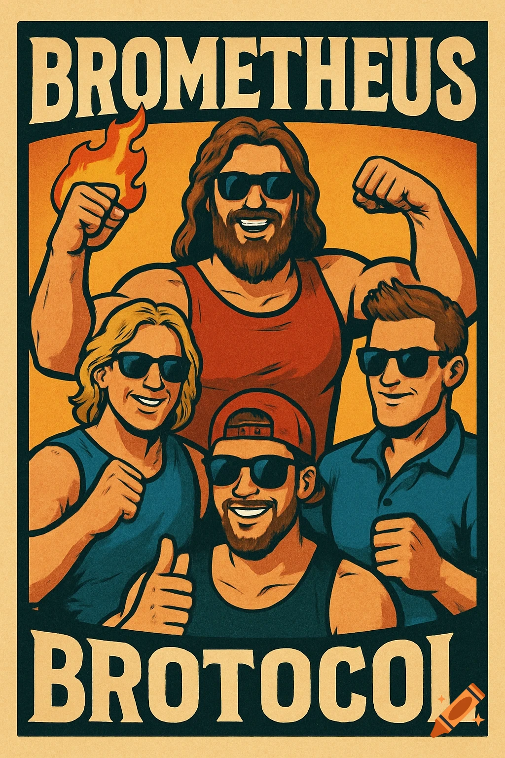 A retro-style poster featuring four muscular, bearded men wearing sunglasses, smiling, with the words 'Brometheus Brotocol'.