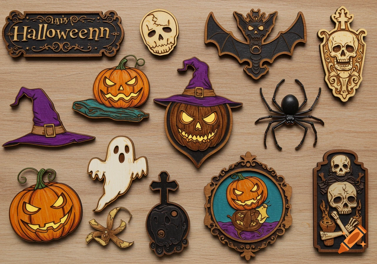 A flat lay of various laser-cut wooden Halloween decorations on a light wood surface, including jack-o'-lanterns, skulls, a witch hat, a ghost, a bat, a spider, and a 'Happy Halloweenn' sign.