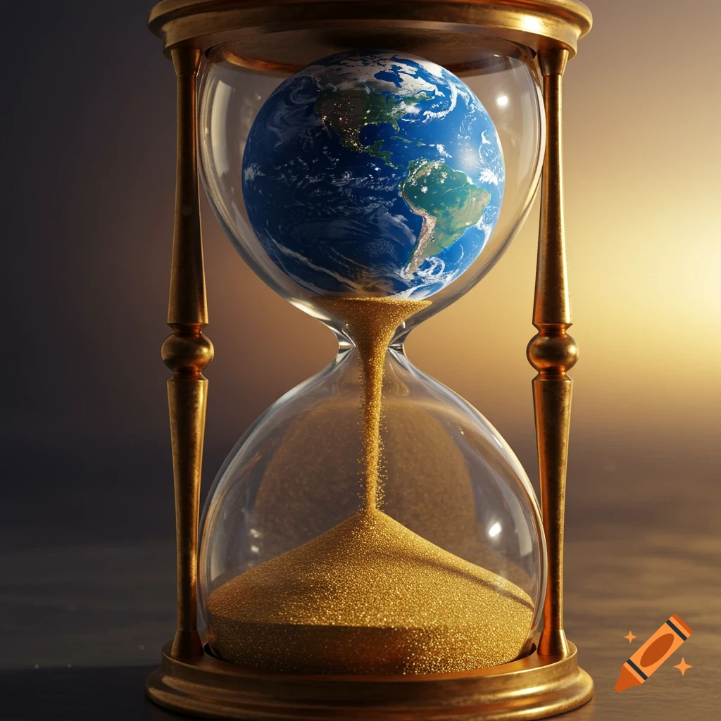 A photorealistic image of the Earth inside a golden hourglass, with sand flowing from the globe into the bottom chamber.