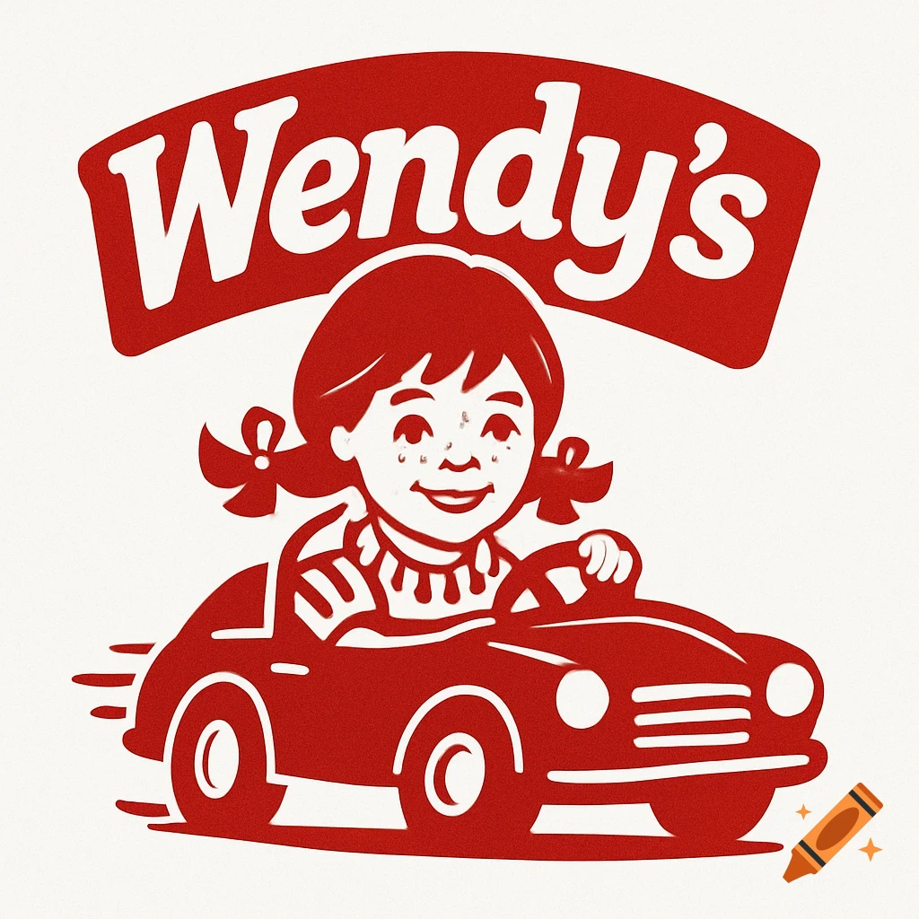 Red and white cartoon logo of Wendy's character driving a car.