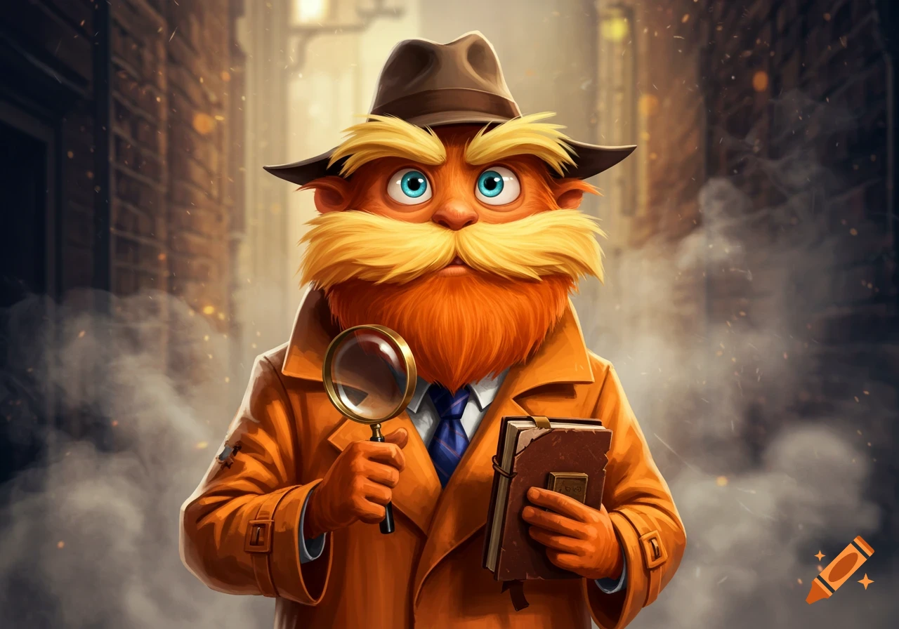 A whimsical Lorax-like detective in a trench coat and fedora stands in a smoky alley, holding a magnifying glass and a book.