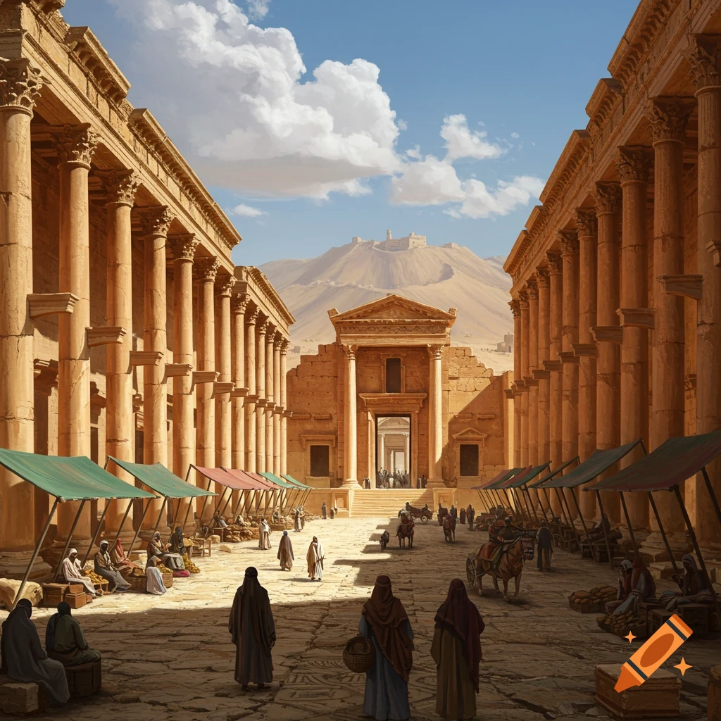 A wide view of an ancient Roman-style city market with people, stalls, towering columns, and a distant mountain under a cloudy sky.