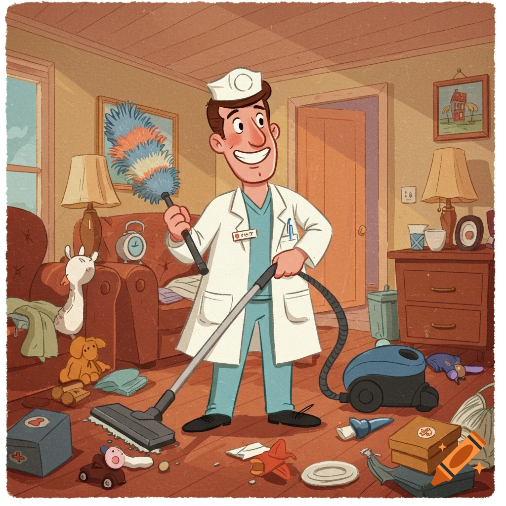 A cartoon male doctor smiles while vacuuming a very messy house and holding a feather duster.