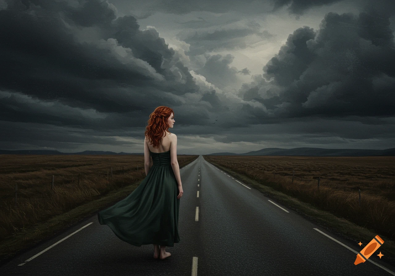 A woman in a green dress stands barefoot on a long road under dramatic dark clouds, looking right.