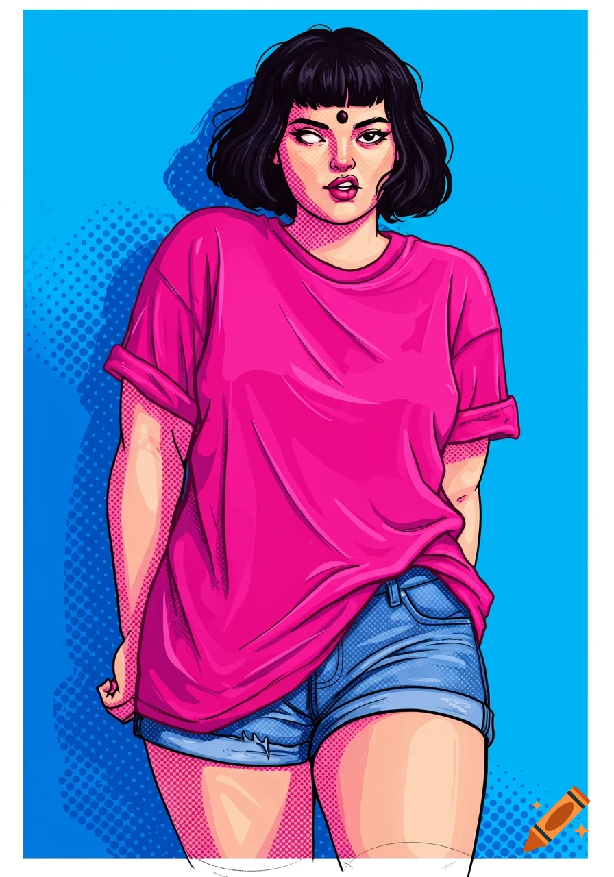 Pop art illustration of a woman with short dark hair, bindi, pink t-shirt, and denim shorts against a blue background.