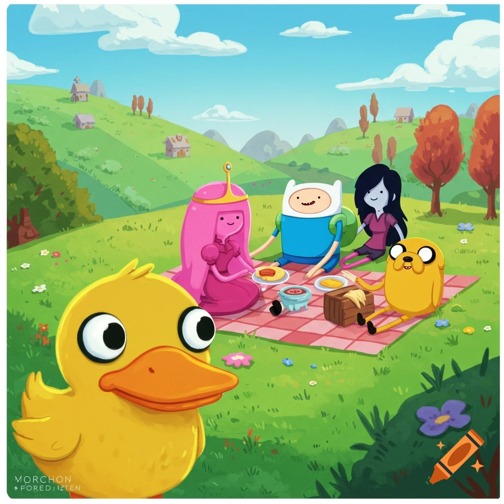 Adventure Time characters Finn, Bubblegum, Marceline, and Jake picnic on a green hill, with a large yellow duck in the foreground.